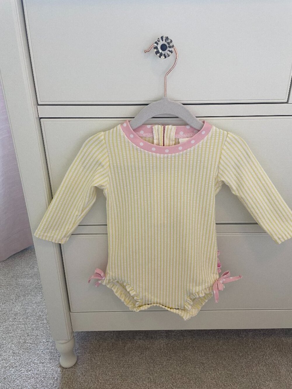 Ruffle Butts Baby Girl Yellow Seersucker Long Sleeve Rash Guard Size 6-12M